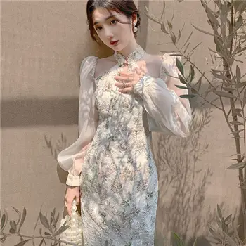 2023 новое китайское шифоновое платье-чонсам с воротником-стойкой, тонкое платье-чонсам, изящное улучшенное платье-чонсам