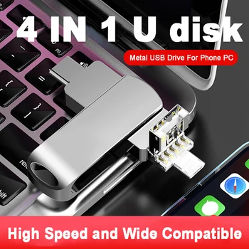 4 в 1 USB 3,0 Флэш-Накопитель Lightning Pen Drive 16 ГБ 32 ГБ 64 ГБ OTG Металлический U-диск USB Pendrive Memory Stick Для iPad Android Iphone