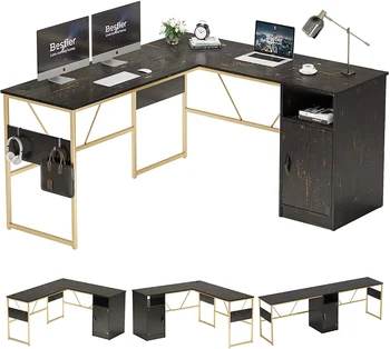 60-дюймовый L-образный компьютерный стол со шкафом для хранения Угловой стол для домашнего Офиса Настольный Стол Регулируемый Компьютерный стол