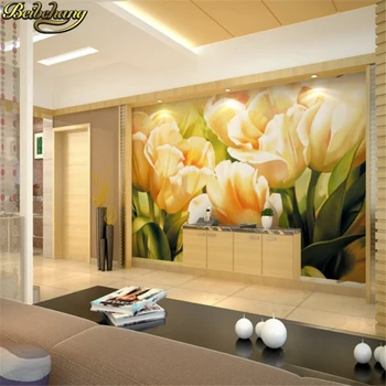 beibehang papel de parede 3D Бесшовное настенное покрытие зеленый тюльпан спальня гостиная диван ТВ фон 3D фотообои фрески