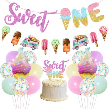 Funmemoir Sweet One Ice Cream Украшения для Вечеринки в честь 1-го Дня Рождения Девочки, Блестящий Баннер Sweet One, Гирлянда из Мороженого и воздушных шаров