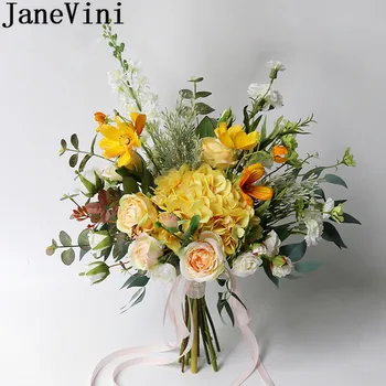JaneVini 2019 Желтый Букет Невесты Шелковая Роза Гортензия Свадебные Цветы Букеты Для Новобрачных Искусственный Поддельный Букет Fleur Mariage