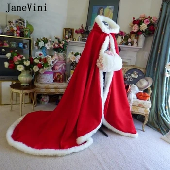JaneVini/Модный атласный плащ с красной меховой отделкой, зимнее теплое Болеро для Новобрачных, Шали из искусственного меха с капюшоном, обертывания, свадебные аксессуары полной длины