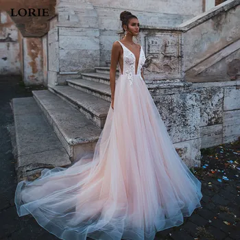 LORIE Rose Розовое свадебное платье принцессы без рукавов, кружевное платье невесты с аппликацией, свадебное платье А-силуэта из тюля с открытой спиной в стиле бохо