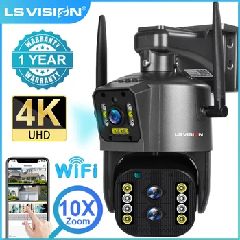 LS VISION 4K 8MP PTZ IP-камера с тремя Объективами и Двойным Экраном, WiFi, Наружная камера Безопасности, Обнаружение Движения, Автоматическое Отслеживание, 10-Кратный Оптический Зум