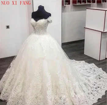 NUOXIFANG 2022 Белое Свадебное платье Vestido De Noiva с открытыми плечами, Придворный Шлейф, Сшитое на Заказ, Плюс Размер, Свадебное Платье из Тюля Mariage