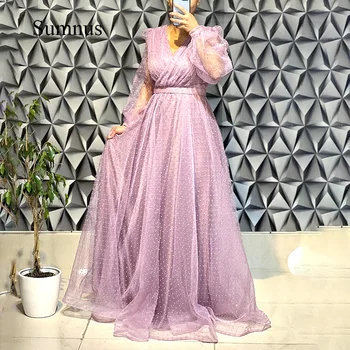 Sumnus Элегантное Вечернее платье из Дубая, Тюлевые платья для выпускного вечера с длинным рукавом и V-образным вырезом в горошек, Пояс, Платья для вечеринок в Саудовской Аравии, Vestidos de Fiesta
