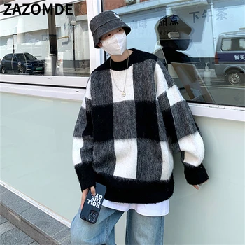 ZAZOMDE, новые черно-белые плотные свитера в клетку, осень-зима, свободные мужские вязаные пуловеры с круглым вырезом, повседневные теплые свитера унисекс, мужские