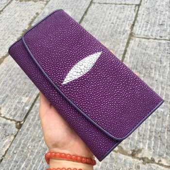 Аутентичный Женский Длинный фиолетовый кошелек для карт из кожи ската, Женский кошелек-клатч из натуральной кожи, Большой кошелек для телефона, Женская сумка для денег