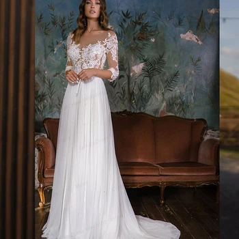 Белое шифоновое пляжное свадебное платье Aviana длиной до пола с длинным рукавом, свадебное платье на пуговицах сзади, сшитое на заказ, Vestidos De Novia
