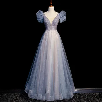 Вечернее платье с V-образным вырезом, простые модные короткие рукава, блестки, длина до пола, Трапециевидное платье с открытой спиной, тюль, большие размеры, женские вечерние платья B2508