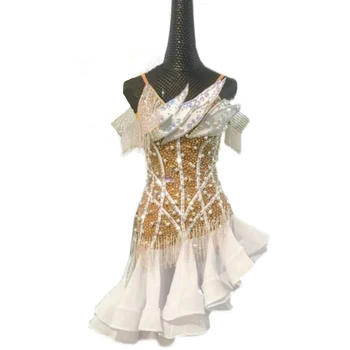 Высококачественная одежда для латиноамериканских танцев с Бриллиантовыми золотыми Подтяжками, Блестящая юбка с большим хвостом, Женская профессиональная одежда для сцены Ча-Танго для взрослых