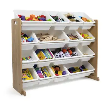 Детский Органайзер для хранения игрушек из натурального дерева с 16 Белыми пластиковыми ящиками для хранения