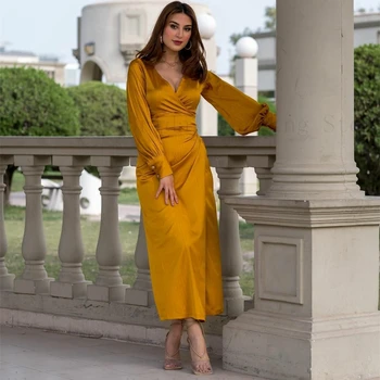Желтые атласные платья Русалки для выпускного вечера для женщин 2023 Элегантное вечернее платье-футляр чайной длины для Musilm с рукавами vestidos