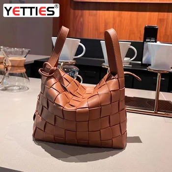 Женская сумка для боулинга YETTIES, кожаная тканая сумка, простая сумка для пригородных поездок, элегантная вязаная сумка большой емкости