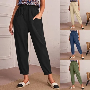 Женские брюки с эластичным поясом из хлопка и льна, косыми карманами, Прямыми укороченными штанинами, удобные и повседневные в городском стиле