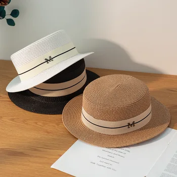 Женские соломенные шляпы, Панама, джазовая шляпа с широкими полями, Летняя шляпа, Женская шляпа от солнца, простая шляпа с плоским верхом