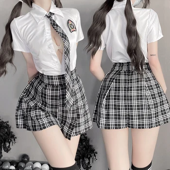 Женский костюм для косплея школьницы в Японскую Милую Клетку, Сексуальная Униформа, Галстук, Кавайная Ролевая игра, Корейский Косплей для чирлидинга
