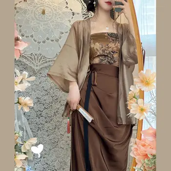Китайский традиционный костюм Hanfu, Женский летний Ретро Свободный Кардиган + Топ-жилет + Юбка с высокой талией, комплект из трех предметов
