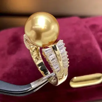 Кольца с жемчугом D112 12-13 мм, Изысканные ювелирные изделия из желтого золота 18 Карат, кольца с Натуральным Океанским Золотом, кольца с мелким Жемчугом