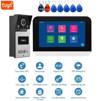 Комплект домашнего Видеодомофона Tuya 1080p, проводной Дверной звонок, камера WiFi с 7-дюймовым монитором, Видеодомофон для квартиры, водонепроницаемый