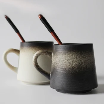Креативная керамическая кружка в стиле ретро, простая кружка с крышкой, ложка, кофейная кружка, индивидуальность, матовые японские чашки для питья, кофейные чашки
