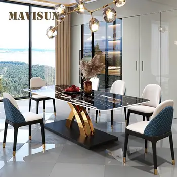 Кухонный Прямоугольный стол и стул, Итальянская Мебель для дома, Столешница из каменной доски, Основание из нержавеющей стали, Обеденный стол