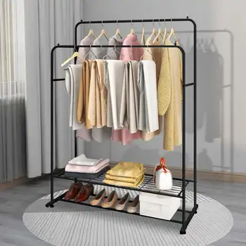 Металлическая вешалка для одежды с двойными стержнями и 2-уровневым хранилищем для спальни - черный