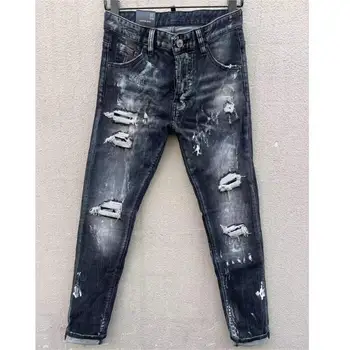 Мужские Модные Джинсы с Дырками на Хай-стрит, окрашенные распылением, Модные Повседневные брюки из джинсовой ткани для Мото и байкеров C010