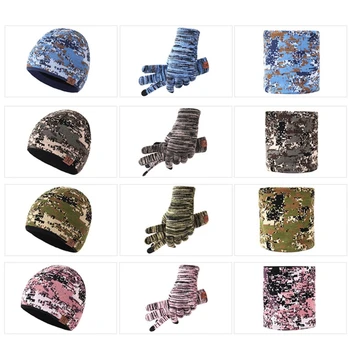 Мужчины Женщины зима 3шт камуфляж вязаная шапочка шапка шарф с сенсорным экраном перчатки набор толстая плюшевая подкладка череп Cap шея теплее