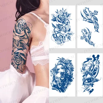 Наклейки С временными татуировками, Вечерние Синие татуировки, Боди-арт, Рука, плечо, цветок, Водонепроницаемая, настоящая и стойкая татуировка, наклейка для мужчин