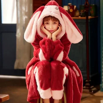Осенне-зимний фланелевый теплый пижамный комплект, Женская пижама с капюшоном и заячьими ушками, Утепленная теплая Женская домашняя одежда, пижамы