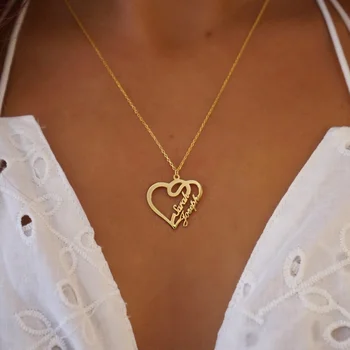 Персонализированное ожерелье с двойным именем в виде сердца, Индивидуальные Золотые Ожерелья с 2 именами, Ювелирные изделия, подарок для помолвки