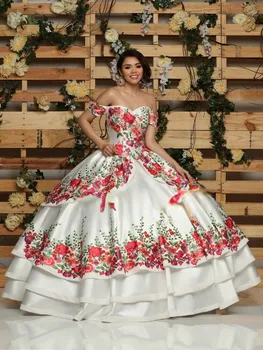 Пышные платья Charro Quinceanera, Бальное платье с открытыми плечами, Аппликации, Мексиканская сладость, 16 Платьев 15 Anos