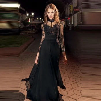 Пышные платья для выпускного вечера с высоким воротом, длинный рукав, длина до пола, трапециевидное черное платье с аппликациями, вечернее платье robe de soirée de mariage