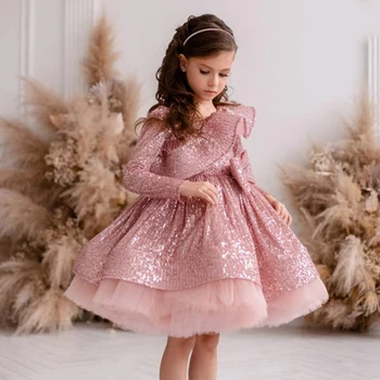 Розовое платье с пайетками и цветочным узором из тюля для девочек, Трапециевидное Платье длиной до колена с Длинными рукавами и рюшами и Бантом для Свадебной вечеринки, Нарядные Детские платья