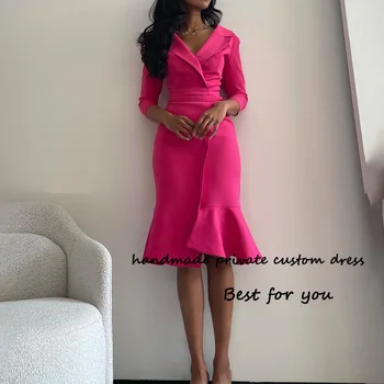 Розовые Атласные Вечерние платья Русалки с рукавом 3/4 и V-образным вырезом, Вечернее платье, Женская одежда, Платья для Выпускного вечера в Дубае, Аравии