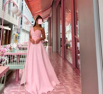 Розовые Шифоновые Длинные Платья для выпускного вечера Трапециевидной формы, плиссированные на одно плечо, длина до пола, Саудовское Арабское женское вечернее платье
