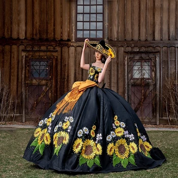 Роскошное Желтое Бальное Платье с Вышивкой, Пышные Платья с открытыми Плечами, Черные Мексиканские Сладкие 16 Платьев Vestidos De 15 Años На Шнуровке