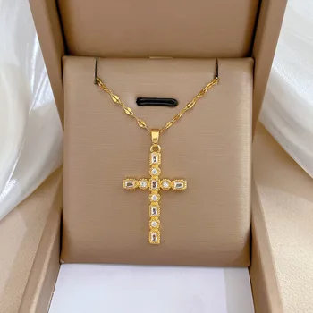 Роскошный Дизайн Хрустальный Крест Ожерелье для женщин Мода Полный Бриллиант Нержавеющая Сталь Золотое ожерелье Ювелирные Изделия Подарок Collar De Damas
