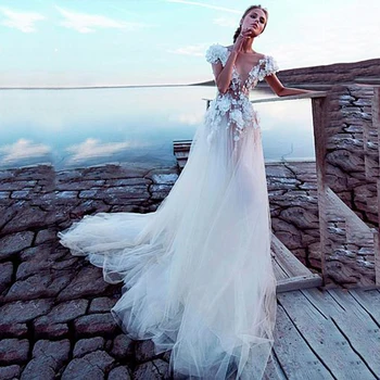 Свадебные платья в стиле Бохо из Тюля цвета Шампанского 2021, Сексуальное Свадебное платье Принцессы с открытой спиной, Кружевные Аппликации, 3D Цветы, Пляжные свадебные платья