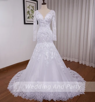 Свадебные платья Принцессы Русалки с длинным рукавом Белое Свадебное платье с кружевной аппликацией, расшитое бисером платье Невесты Robe de mariage на заказ