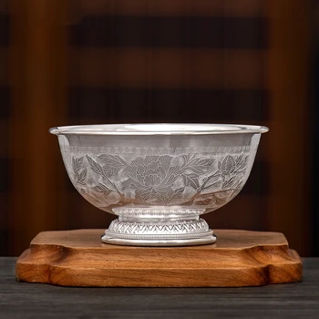 Серебряная чаша из стерлингового серебра 999 пробы, цветы, богатая серебряная посуда, бытовая съедобная миска ручной работы для взрослых, серебряная миска для риса