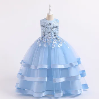 Синие платья в цветочек для девочек на свадьбу, тюлевое кружевное длинное платье для девочек, Новогодний детский костюм Принцессы для детей 6, 8, 12, 14 лет