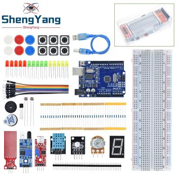 Стартовый набор для макетной платы Arduino Uno R3 Basic simple learning kit, определение звука/ уровня воды/влажности / расстояния, светодиодное управление