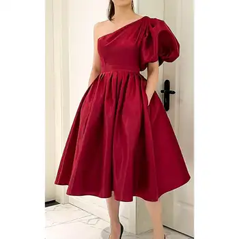 Темно-красное короткое вечернее платье с одним плечом и естественной талией, сшитое на заказ, простые коктейльные вечерние платья чайной длины