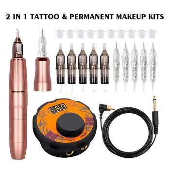 Устройство для перманентного макияжа, набор тату-машинок с 2 головками, ручка для микроблейдинга из розового золота, оборудование, Набор тату-пистолетов с тату-картриджем