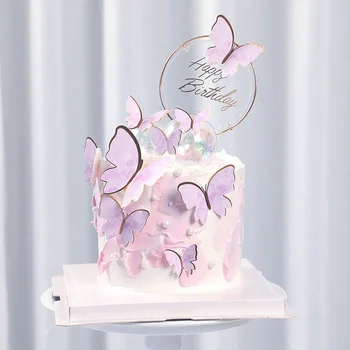Фиолетово-розовая бабочка Украшение торта С Днем Рождения, Топпер для торта, ручная роспись для свадьбы, Дня рождения, детского душа