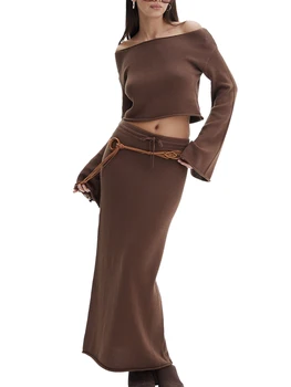 Элегантный женский комплект из двух предметов с цветочным принтом - стильный укороченный топ с длинным рукавом и юбка макси